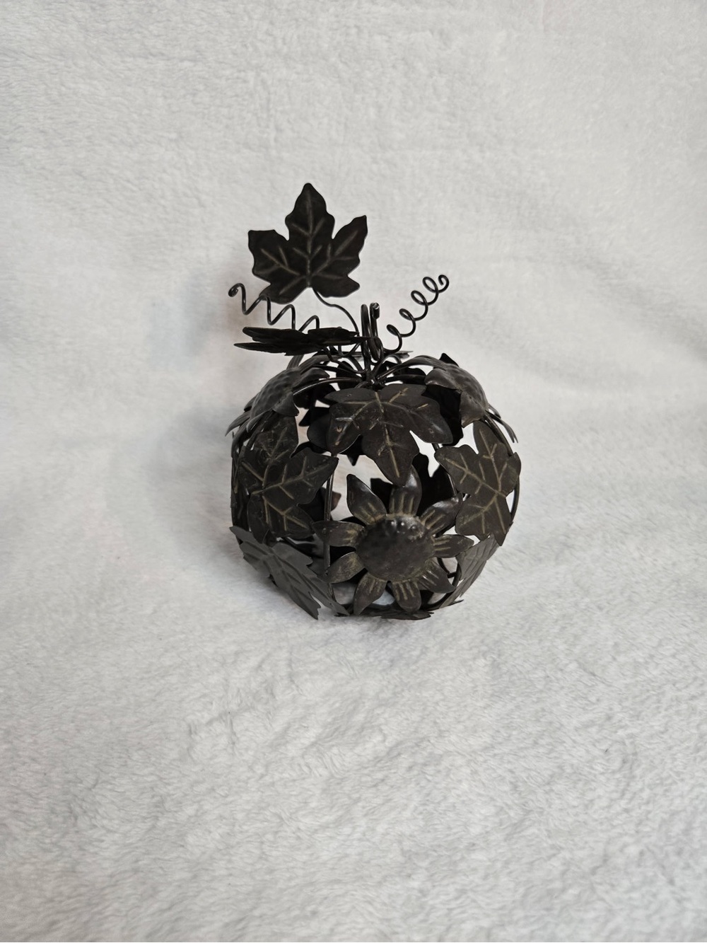 Handcrafted Black Metal Leaf & Flower Pumpkin Sculpture
